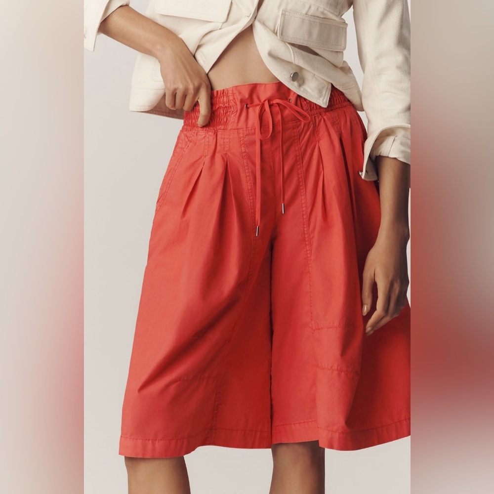 Anthropologie Ruched Poplin Gaucho Pants in Bright Hibiscus - Picture 2 of 5